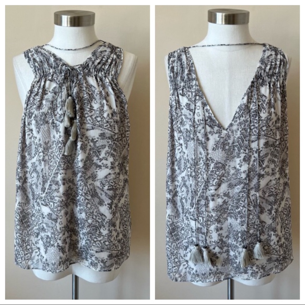 Ramy Brook White and Gray Printed Tassel Tank Top